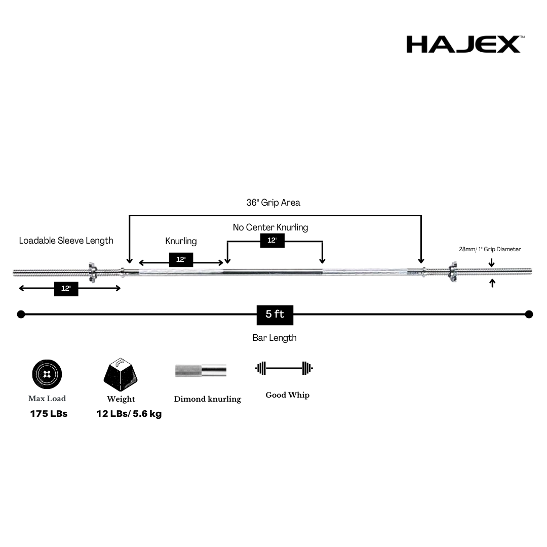 HAJEX Olympic and Standard Barbell Bars 4Ft, 5Ft, 6Ft and 7Ft
