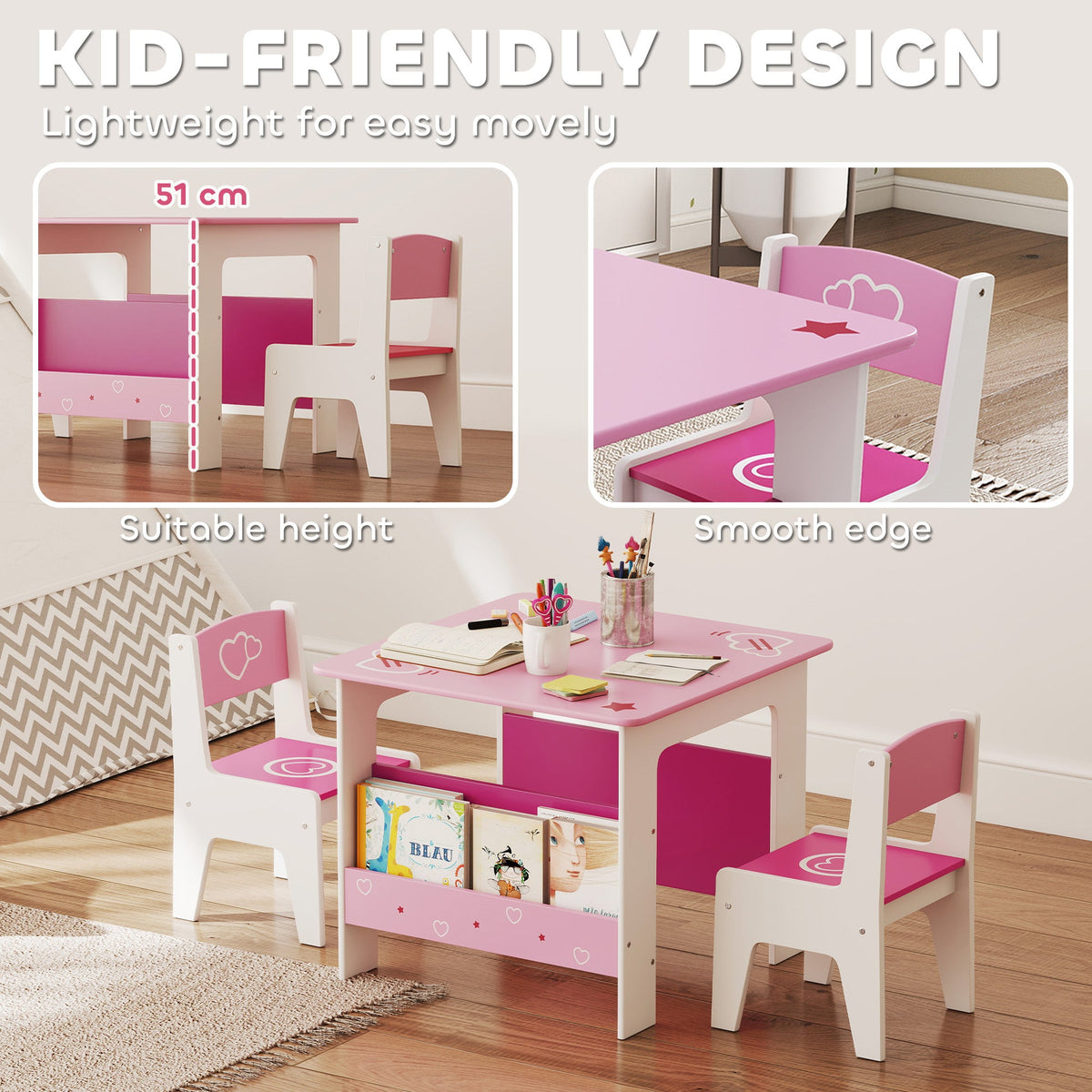 3 Pieces Kids Table and Chair Set with Bookshelves, for Classroom, Home, Nursery, Playroom, for Read, Draw, Art, Pink