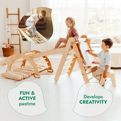 6in1 Montessori Climbing Frame Set: Triangle Ladder + Arch/Rocker + Slide/Ramp + Net + Cushion + Art Addition