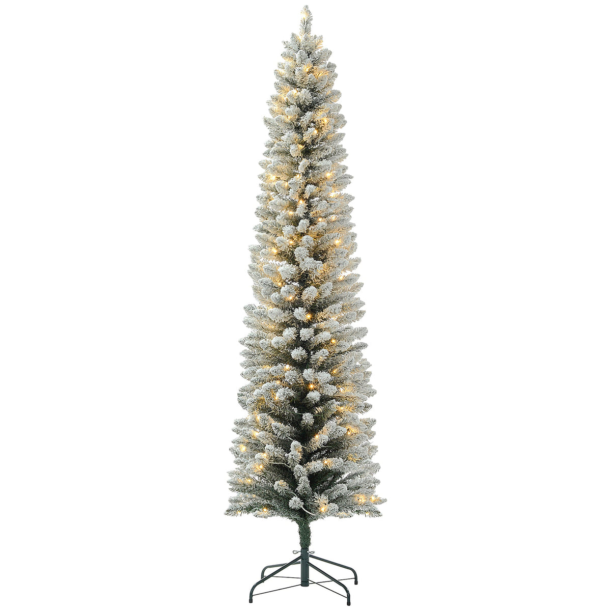 5ft Artificial Prelit Christmas Tree with Warm White LED Light, Snow Flocked Branches, Metal Base, Pencil Xmas Tree