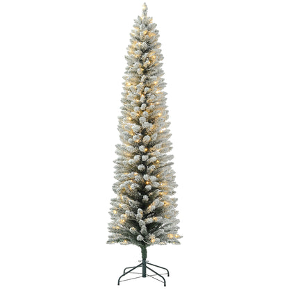 5ft Artificial Prelit Christmas Tree with Warm White LED Light, Snow Flocked Branches, Metal Base, Pencil Xmas Tree