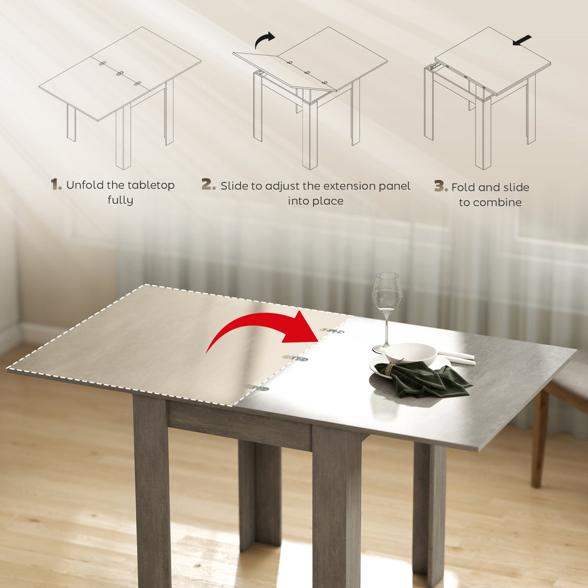 55" Extendable Dining Table for 4-6, Kitchen Table with Steel Slides and Felt Pads for Small Spaces, Black