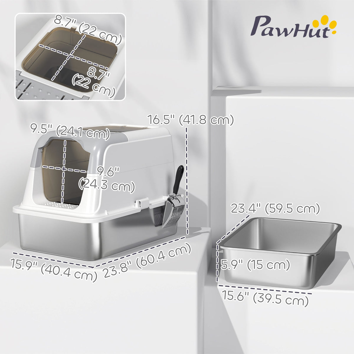 Extra Large Stainless Steel Litter Box, Enclosed Kitty Litter Box for Big Cats with Scoop, Deodorizer Bag