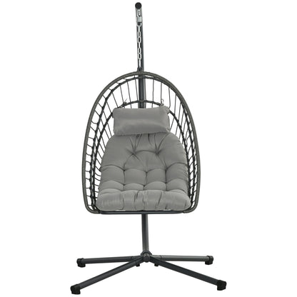 Hanging Egg Chair with Stand, Foldable Wicker Rattan Swing Chair with Thick Cushion, Light Grey