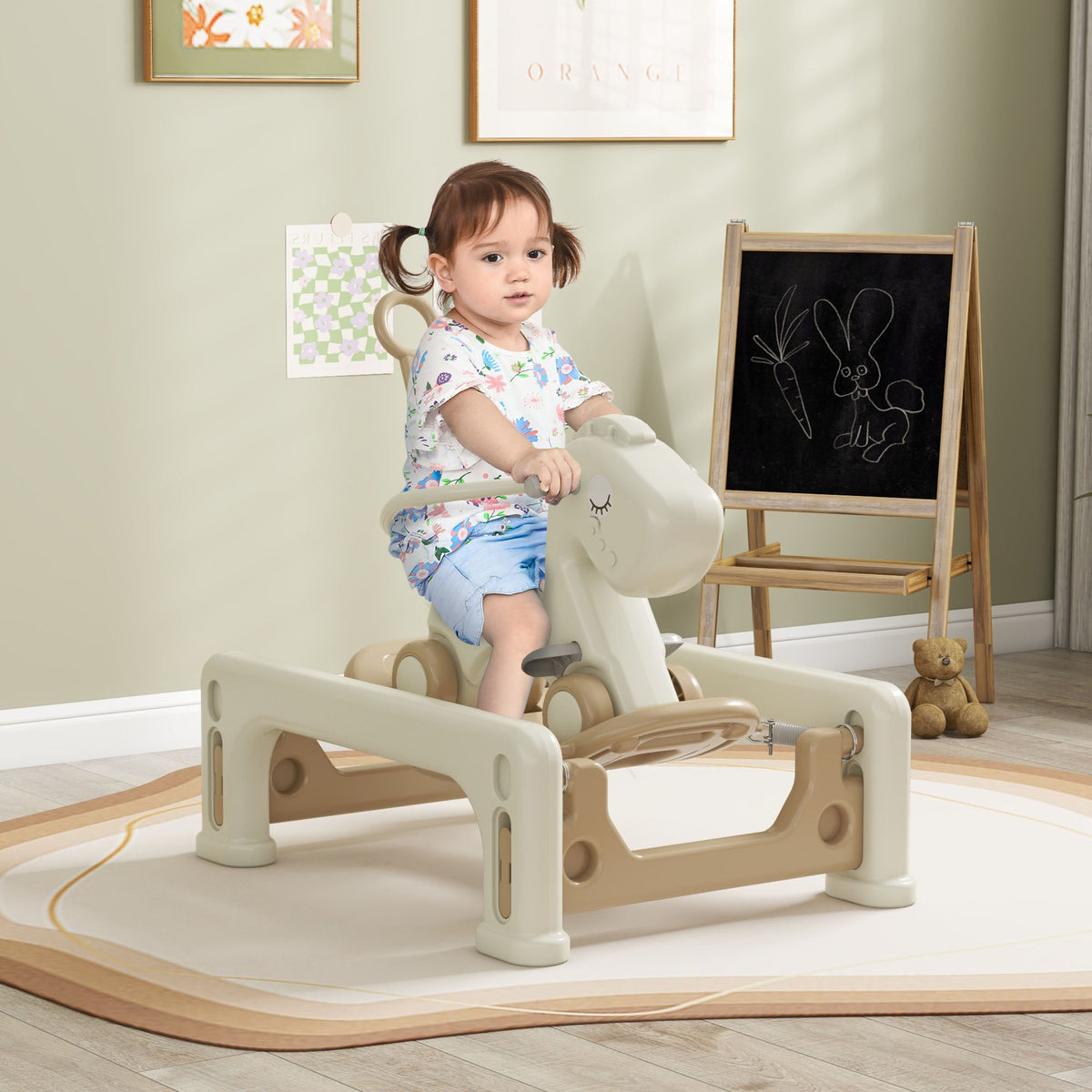 5 in 1 Rocking Horse for Toddlers 1-6 Years with Balance Board, Push Handle, 4 Smooth Wheels