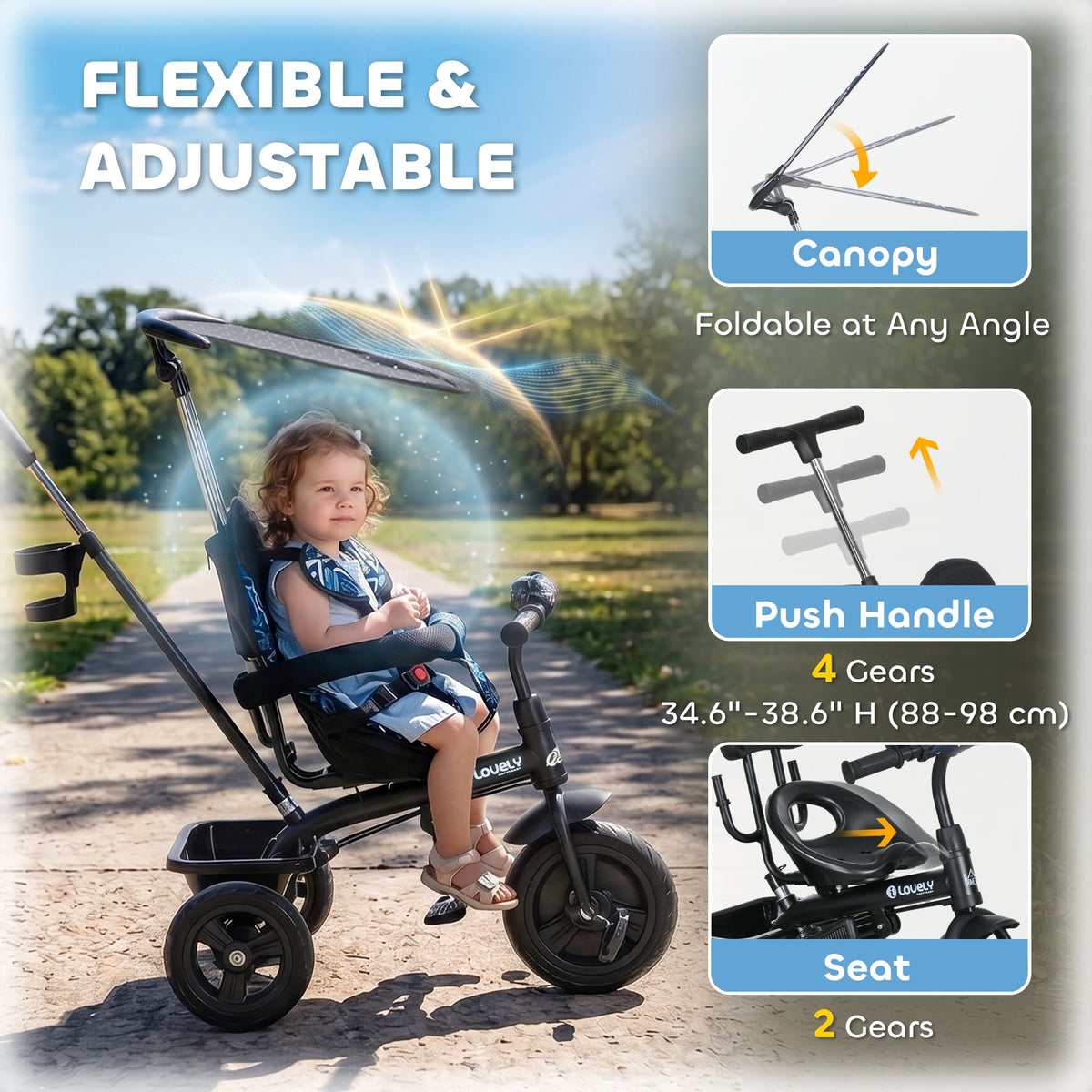 6 in 1 Kids Tricycle with Removable Handlebar and Canopy, Navy Blue