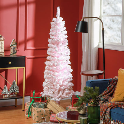 6ft Flocked Christmas Tree, Pencil Christmas Tree with Realistic Branch Tips, Folding Metal Stand, Green