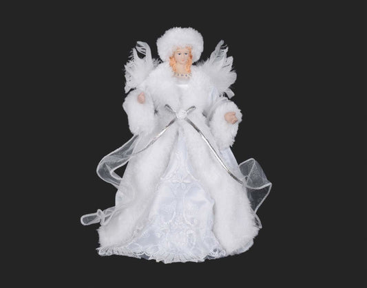 Angel Christmas Tree Topper, 11" | Feather Wings and Brocade Dress | Catholic Gifts Canada