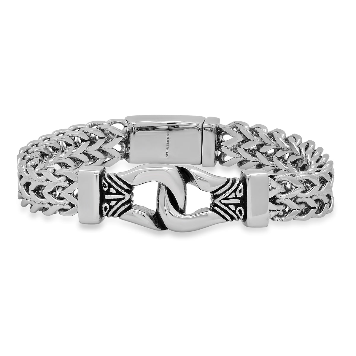 Men’s Stainless Steel Double Row Wheat Chain Bracelet. Biker Buckle Design