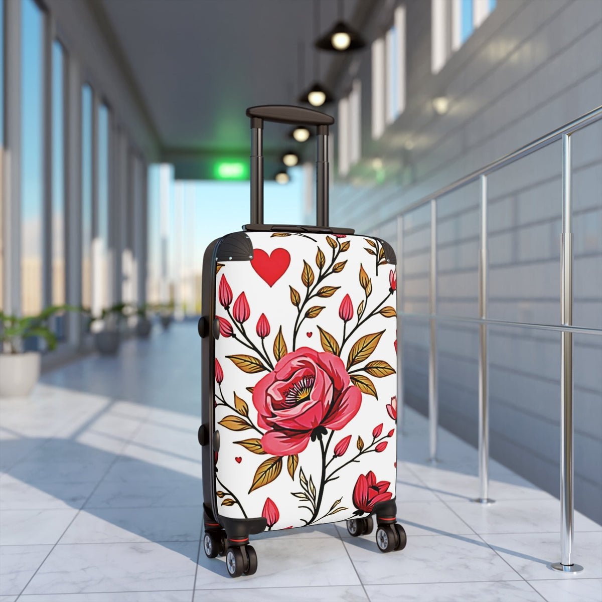 Floral Heart Carry-On Suitcase — Pink Rose Pattern Travel Luggage