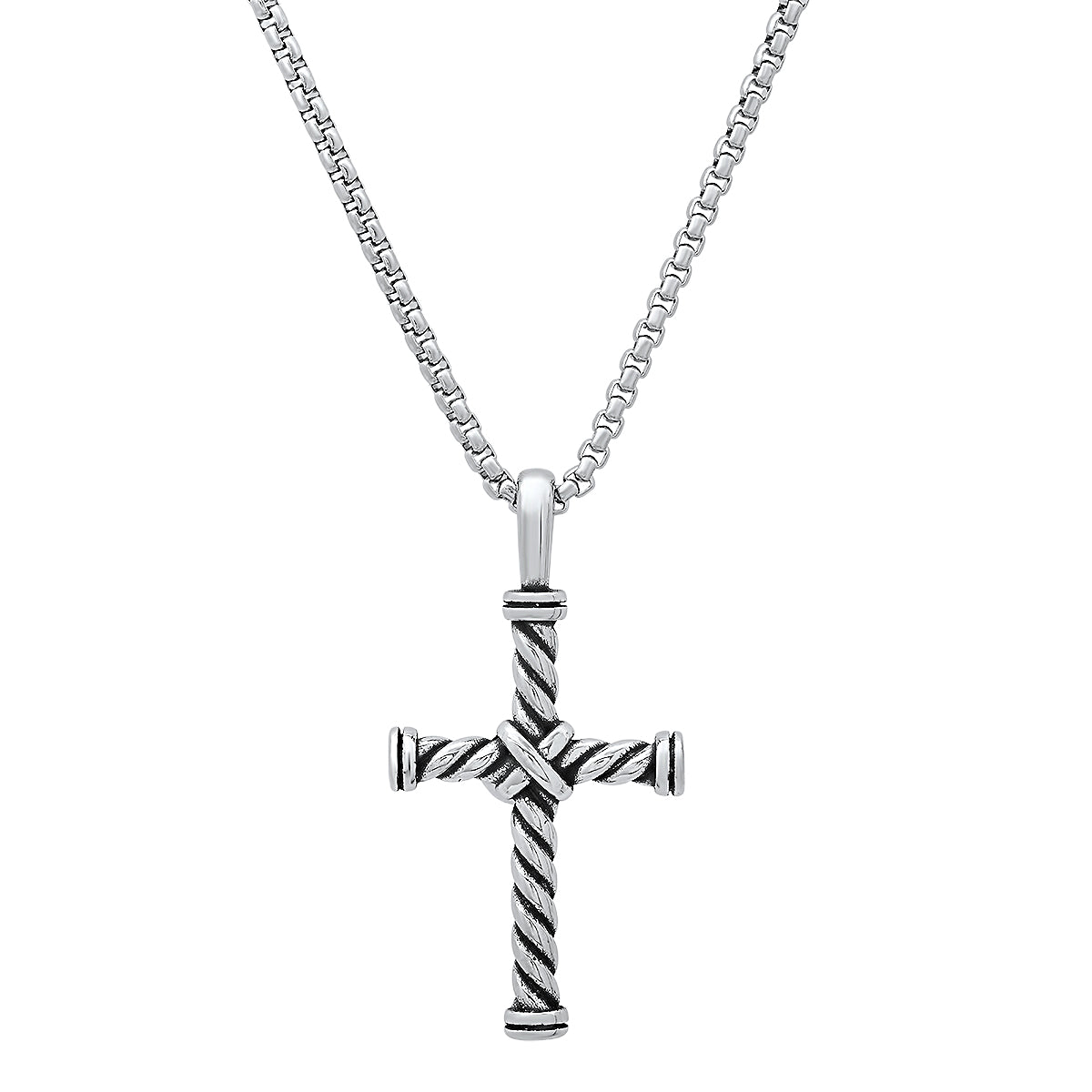 Men’s Stainless Steel Twisted Cable Cross Pendant Necklace. Oxidized Biker Jewellery