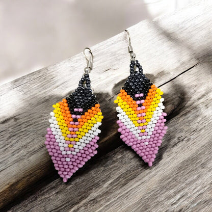 pink and black Beaded Feather Drop Earrings