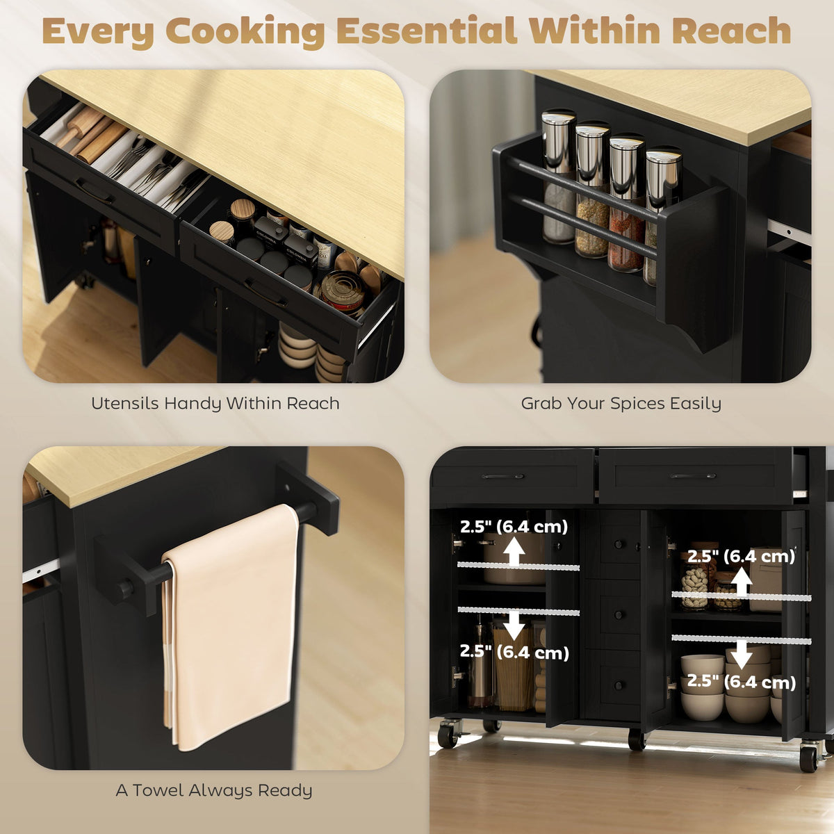 Kitchen Island Cart with Power Outlet & Drop Leaf, 55" Rolling Kitchen Island on Wheels with Storage, Black