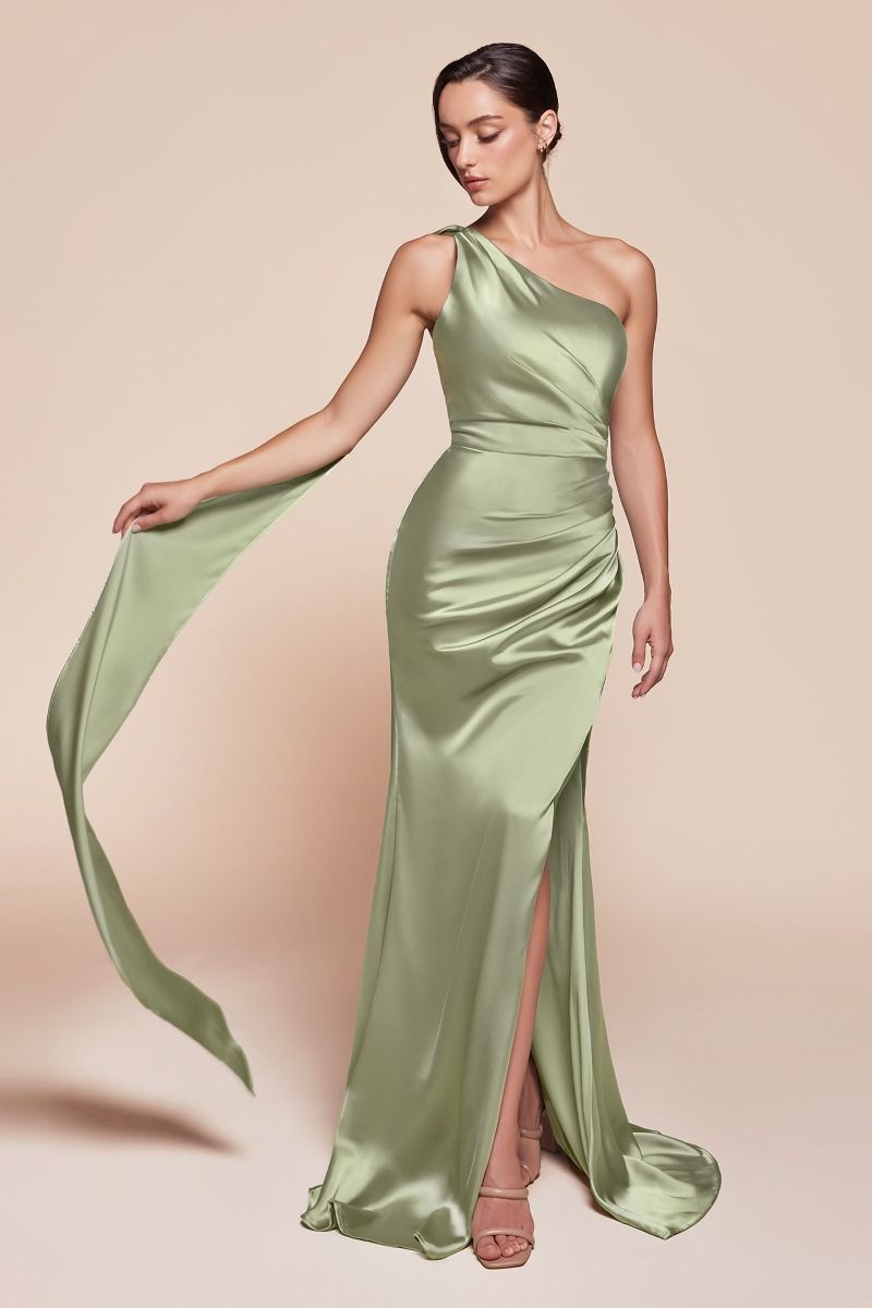 One shoulder neckline, gathered waistline & leg slit