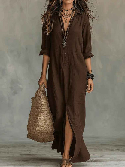 Long-sleeve Maxi Dress Casual Solid Color Lapel Collar Side Slit Beach Dresses Women's Clothing