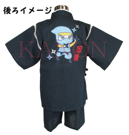 [Pre-Order] Kids' Jinbei Set: Ninja Embroidery - Navy 2-Piece Set (Shijira Weave) (Save 10% in March)