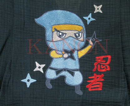 [Pre-Order] Kids' Jinbei Set: Ninja Embroidery - Navy 2-Piece Set (Shijira Weave) (Save 10% in March)