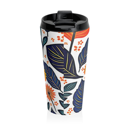 Autumn Foliage Floral Travel Mug | Orange Blue Leaf Pattern