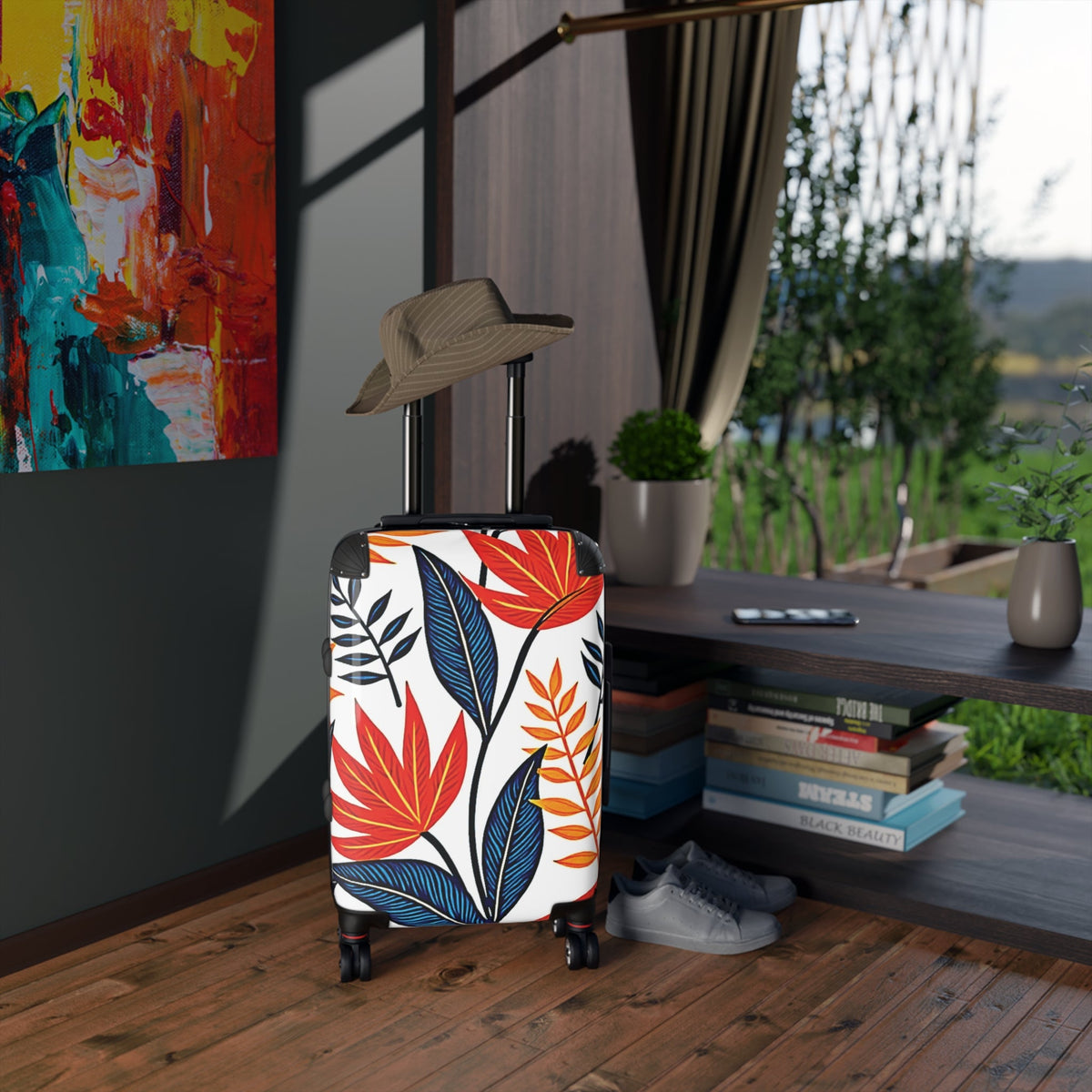 Carry-On Suitcase with Bold Tropical Leaf Print – Colorful Travel Luggage