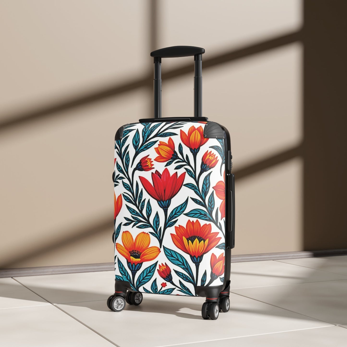 Floral Traveler Suitcase – Bold Red & Orange Tulip Print Carry-On