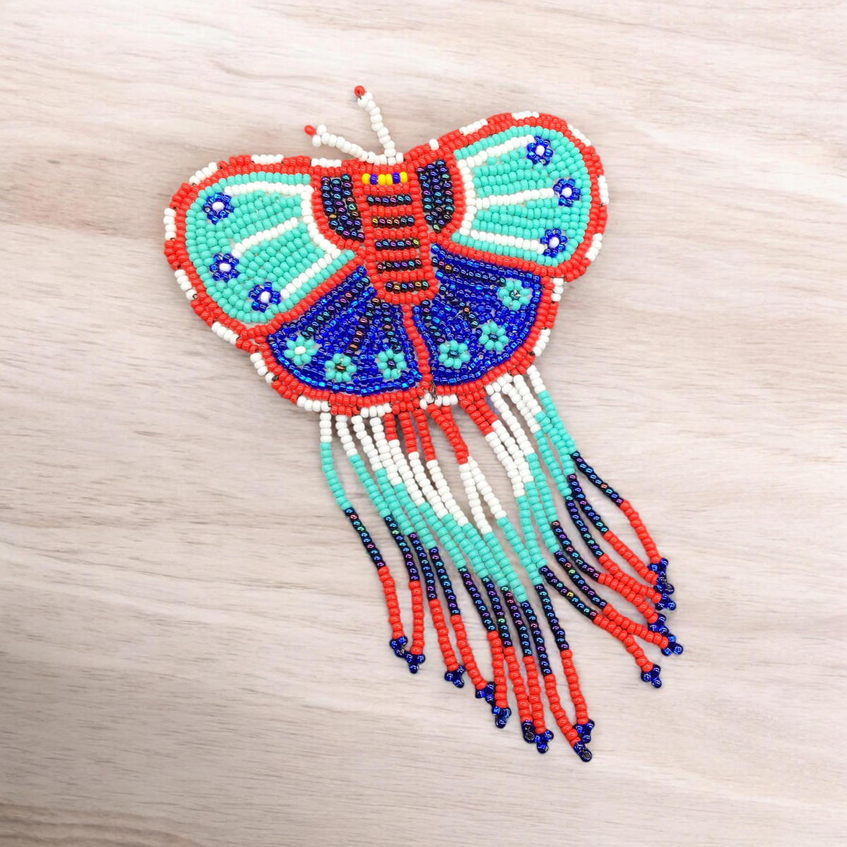 Butterfly Beaded Barrettes with Fringes Turquoise & Blue