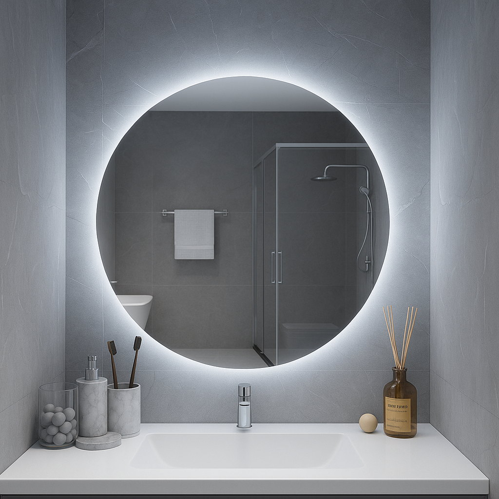 HaloLux Round LED Bathroom Mirror — Edge Back-Lit Halo, Dimmable Touch (Warm/Neutral/Cool), Hardwired | 24″, 28″, 32″