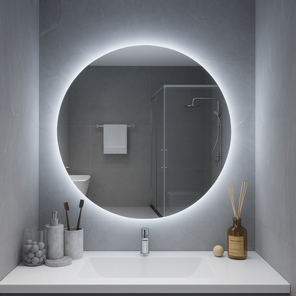 HaloLux Round LED Bathroom Mirror — Edge Back-Lit Halo, Dimmable Touch (Warm/Neutral/Cool), Hardwired | 24″, 28″, 32″