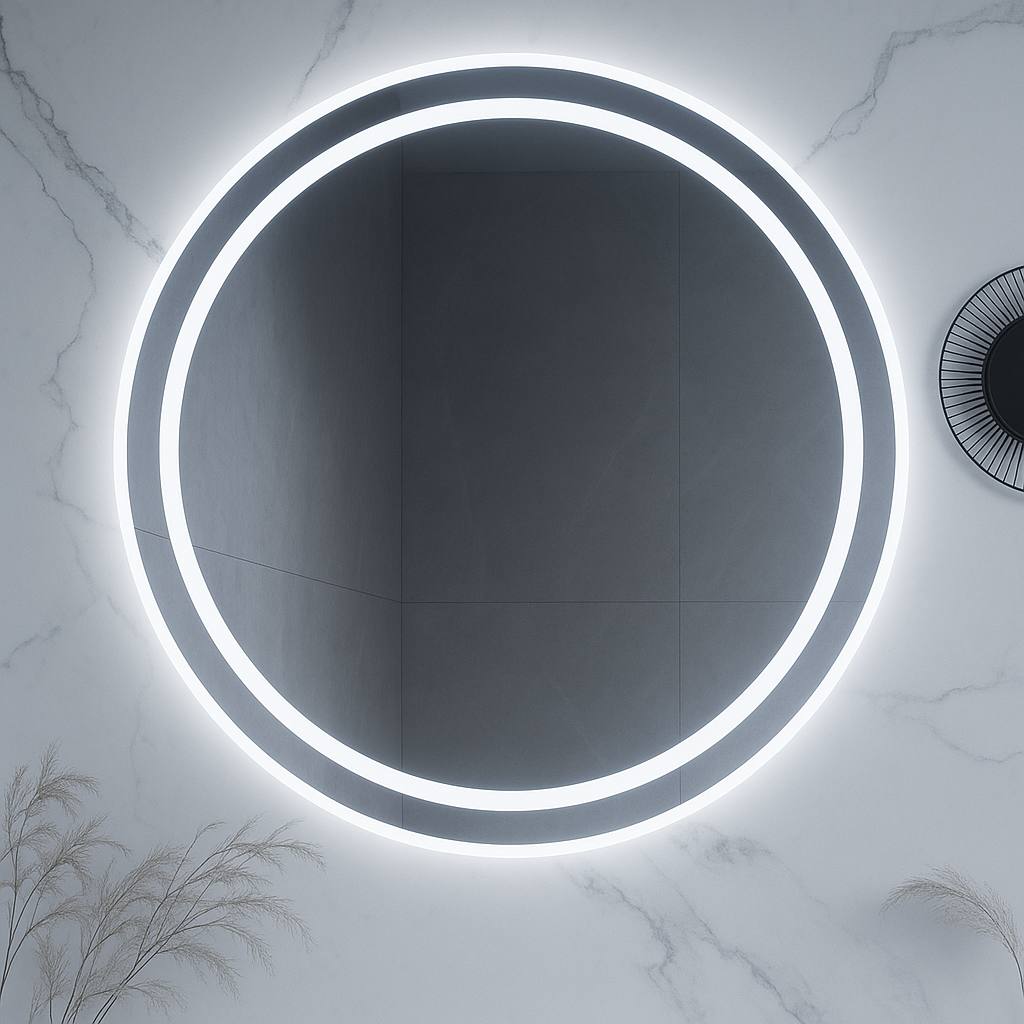 HaloLux Round LED Bathroom Mirror — Frosted Front-Light Ring + Back-Lit Halo, Dimmable, Anti-Fog & Memory (3000K/4000K/5000K) | 24″, 28″, 32″ | CE & ETL Certified