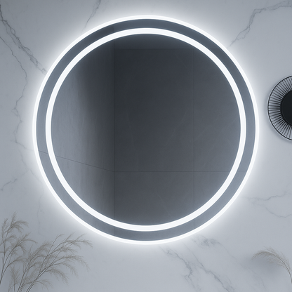 HaloLux Round LED Bathroom Mirror — Frosted Front-Light Ring + Back-Lit Halo, Dimmable, Anti-Fog & Memory (3000K/4000K/5000K) | 24″, 28″, 32″ | CE & ETL Certified