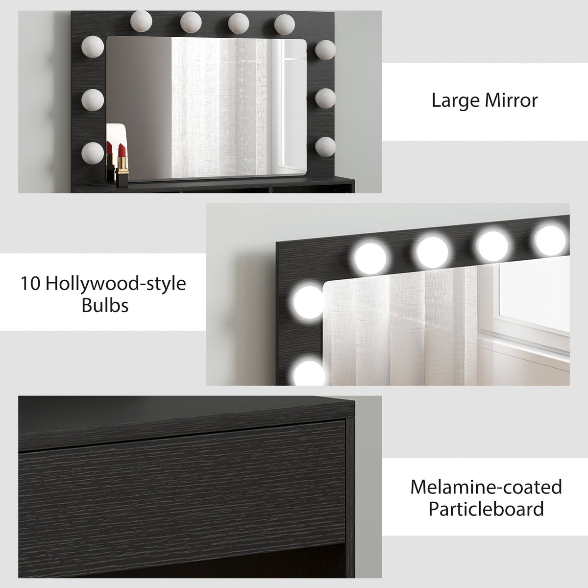 Vanity Table, Makeup Dressing Table with LED Lighting Mirror, Drawers, for Bedroom, Black