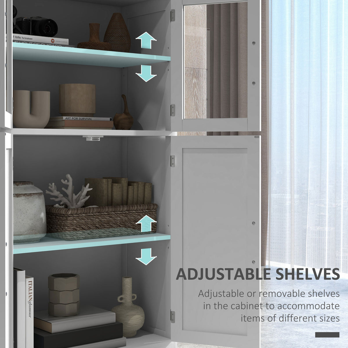 Modern Sideboard Cabinet, Freestanding Sideboards and Buffets with Glass Doors, 4-tier Shelving and Adjustable Shelves