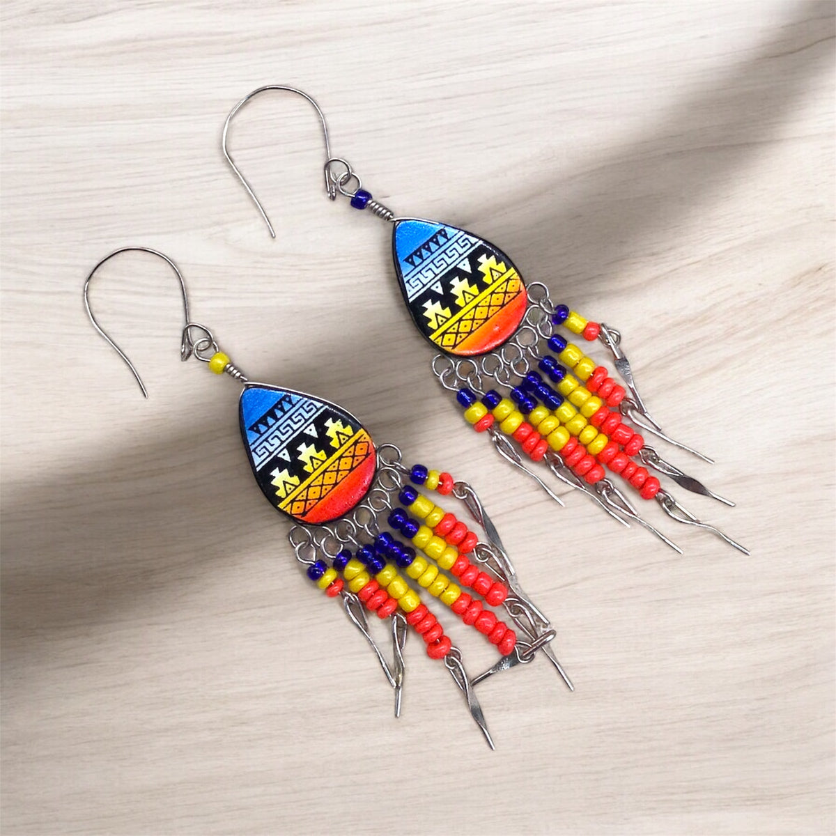Small Sized Southwestern Yellow and Blue Teardrop Earrings