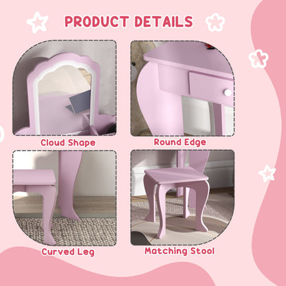 Makeup Vanity with Mirror and Stool, Cloud Design, Drawer, Storage Boxes, for 3-6 Years Old, Pink