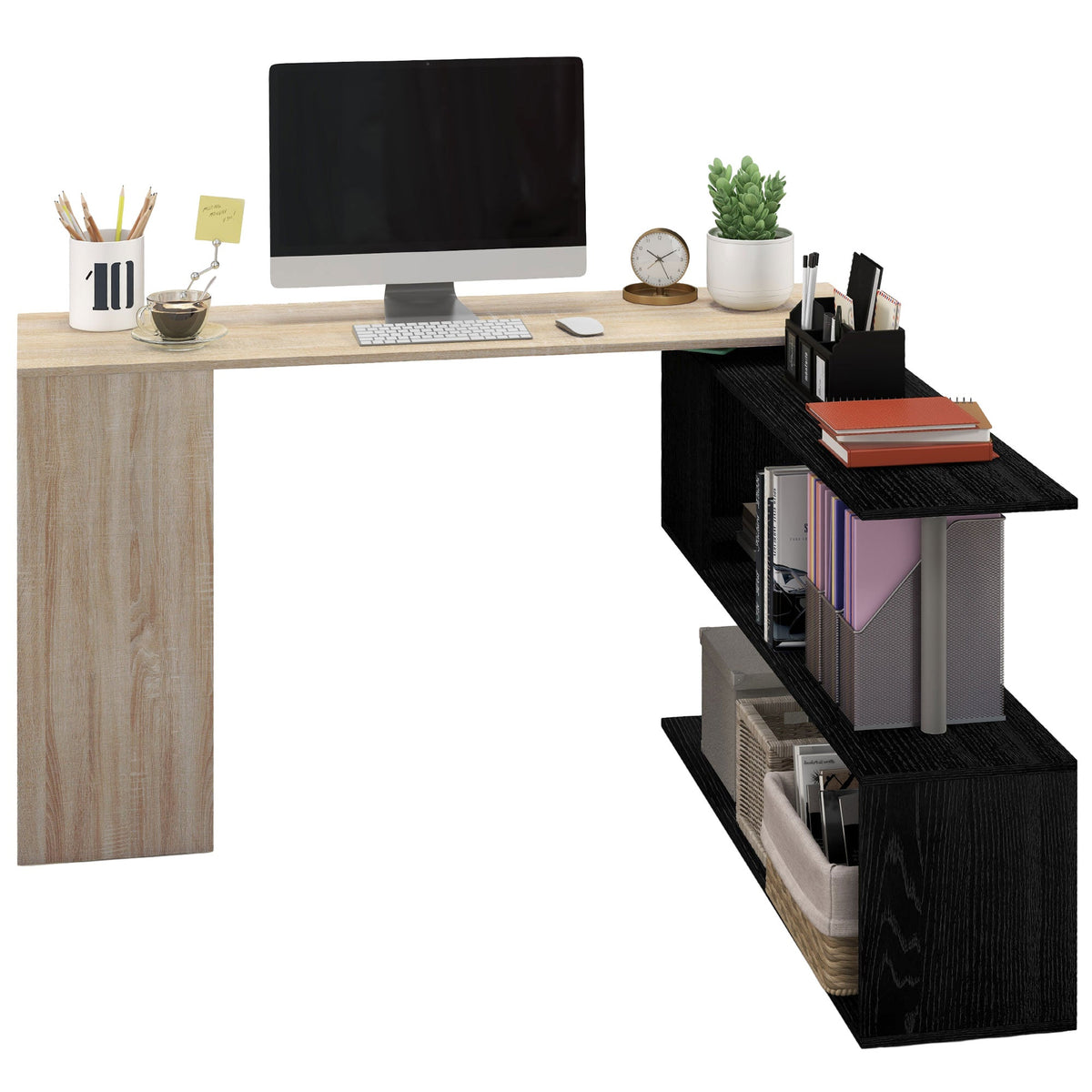 55" Corner Computer Desk, 360° Rotating L-Shaped Desk, Home Office Workstation with 3-Tier Shelves, Bookshelf, Black
