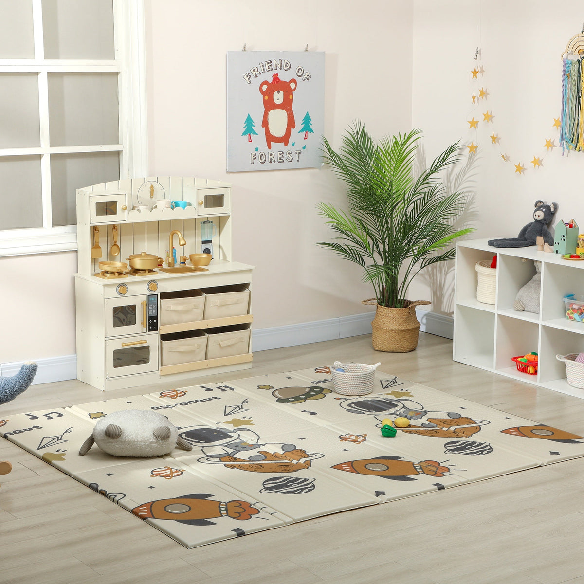 Foldable Baby Plat Mat, 77" x 69" Kids Floor Mat for Crawling and Learning, Astronaut & Planet Theme