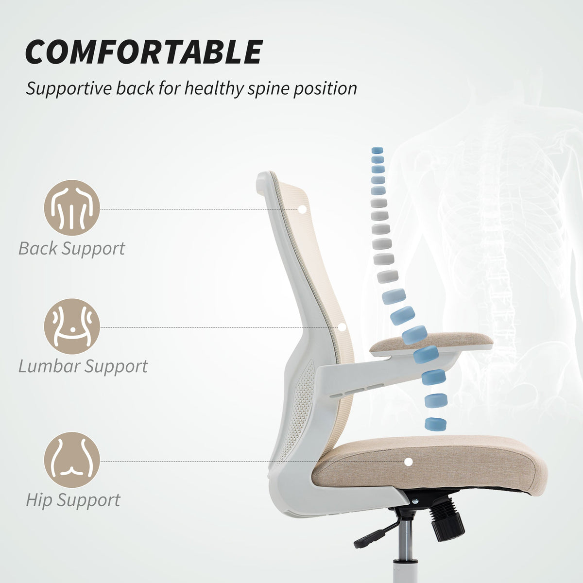 Ergonomic Office Chair, Swivel Desk Chair with Adjustable Lumbar Support, Headrest and Height, Flip-up Armrests, Beige