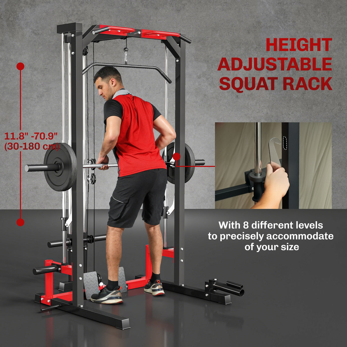 Smith Machine Power Rack with Pull Up Bar, Lat Pull Down System, Landmine, Squat Rack, Barbell Bar, for Home Gym