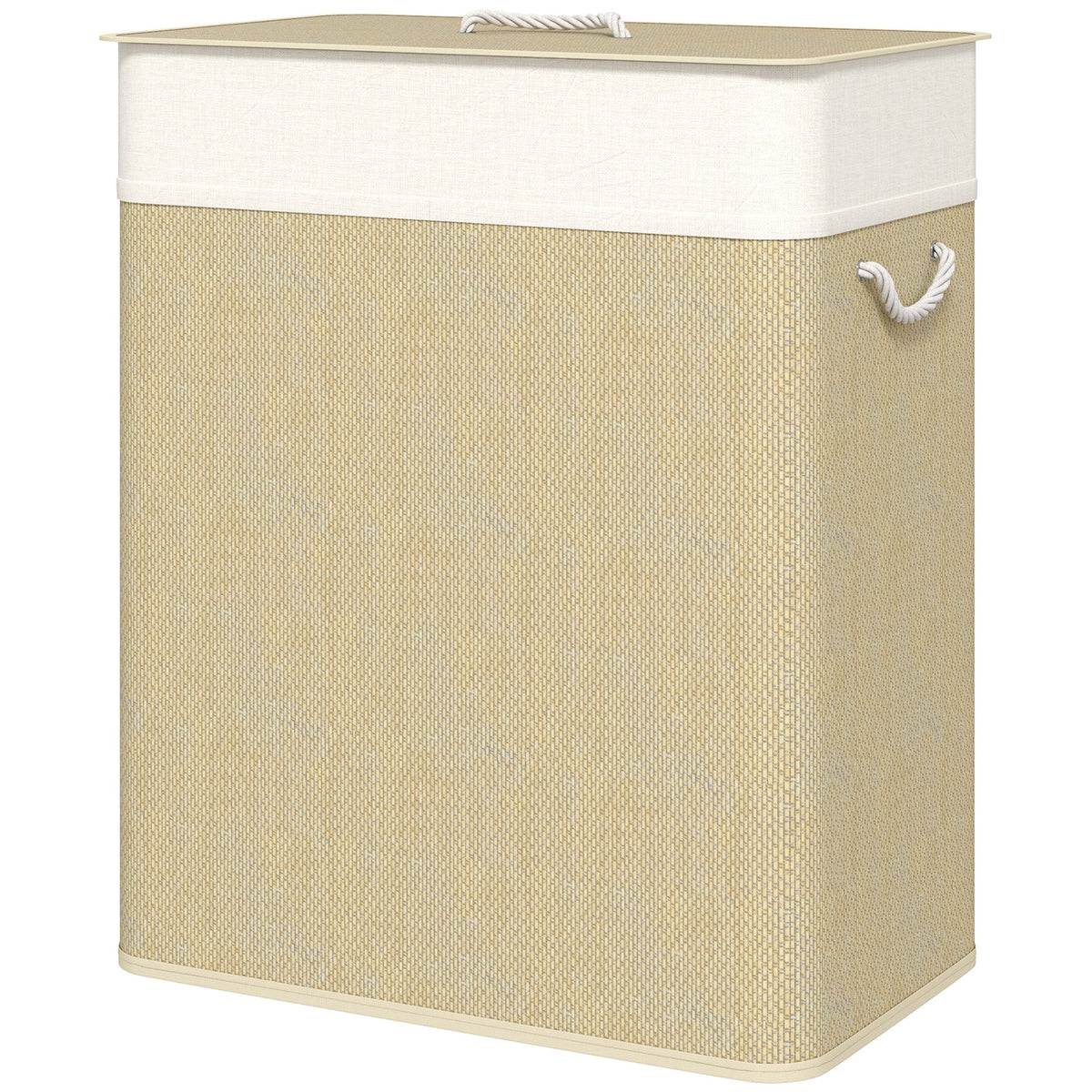 Double Laundry Basket with Lid, 100L Bamboo Laundry Hamper with Rope Handles and Removable Bags, Brown