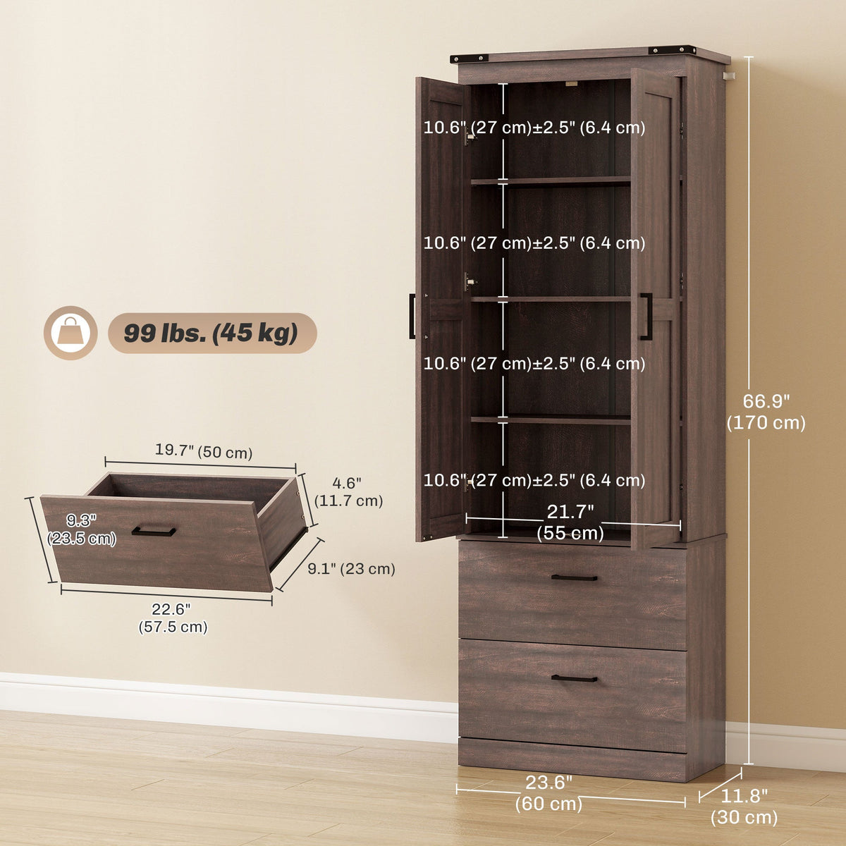 67" Tall Kitchen Pantry Storage Cabinet, Kitchen Pantry Cabinet with Doors, Drawers and Adjustable Shelves, Black