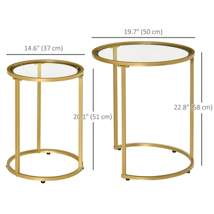 Set of 2 Nesting Coffee Tables with Metal Base, Round Side Table with Tempered Glass Tabletop for Living Room, Bedroom, Black
