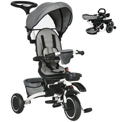 Tricycle for Toddler 6-in-1 Kids Trike, Foldable Converts Stroller to Baby Push Bike, Adjustable Backrest with Detachable Guardrail & Handle, Brake for 1-4 Years Old, Grey