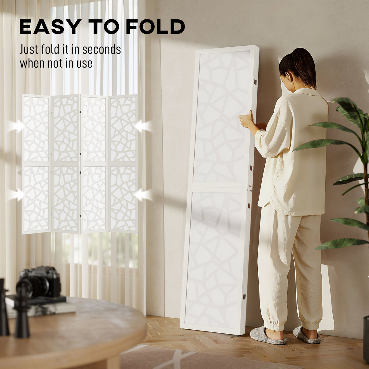 4 Panel Room Divider, 5.6 FT Lightweight Folding Privacy Screen with Geometric Pattern for Living Room, Bedroom, Black