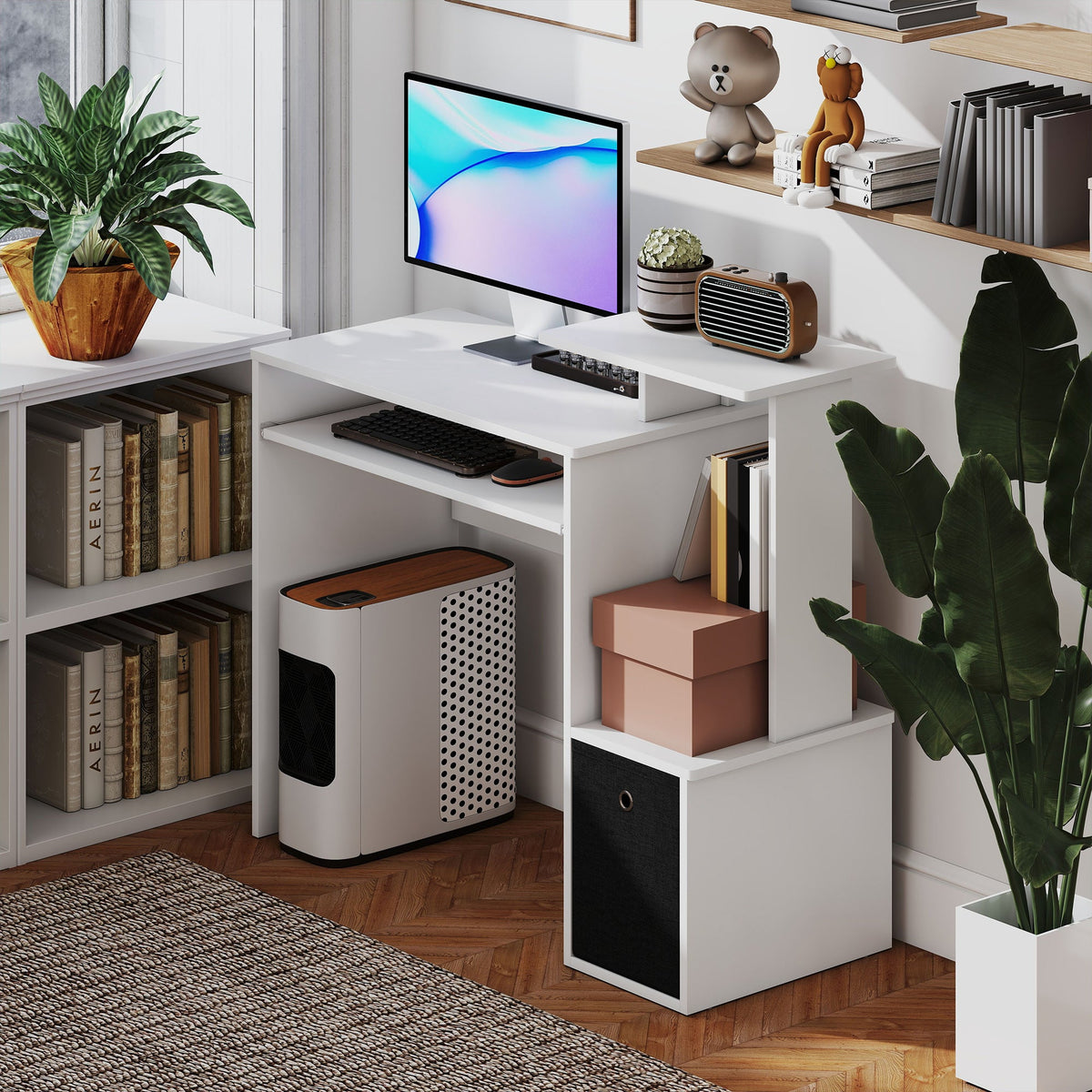 Computer Desk with Sliding Keyboard Tray Storage Drawer Shelf Home Office Workstation Grey