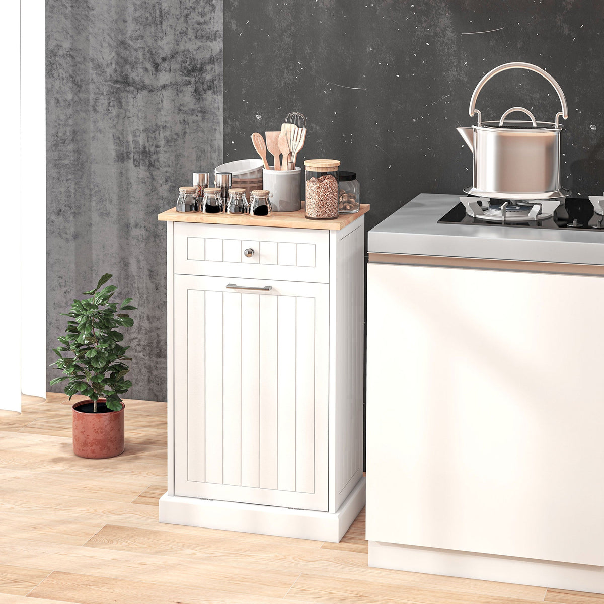 Kitchen Tilt Out Trash Bin Cabinet, Free Standing Recycling Cabinet, Trash Can Holder with Drawer, White