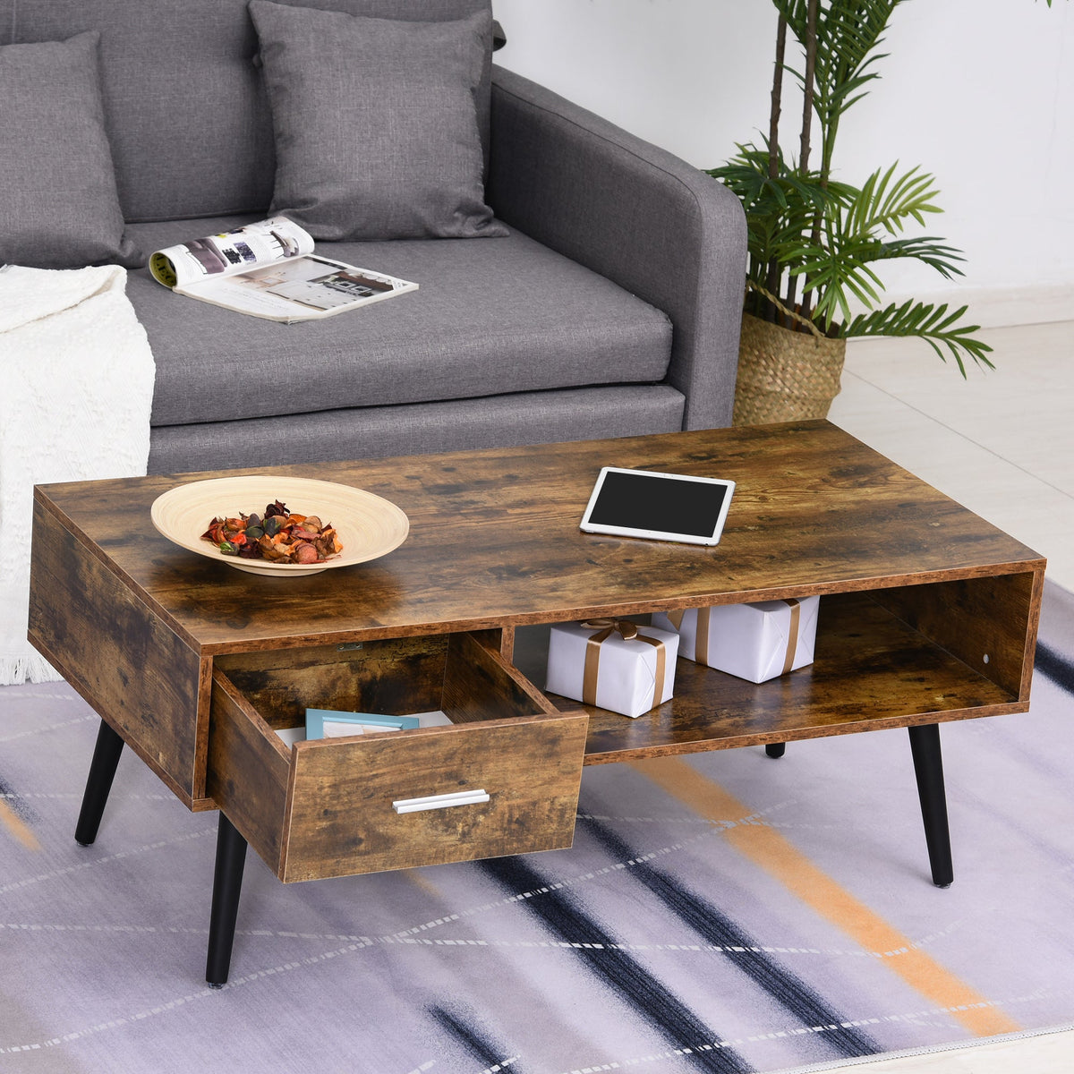 Omari Retro Coffee Table with Storage Shelf and Drawer-Rustic Brown