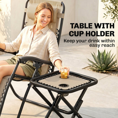 Zero Gravity Chair Set of 2 Patio Chair with Side Table Cupholders and Pillows for Pool, Backyard, Lawn, Black