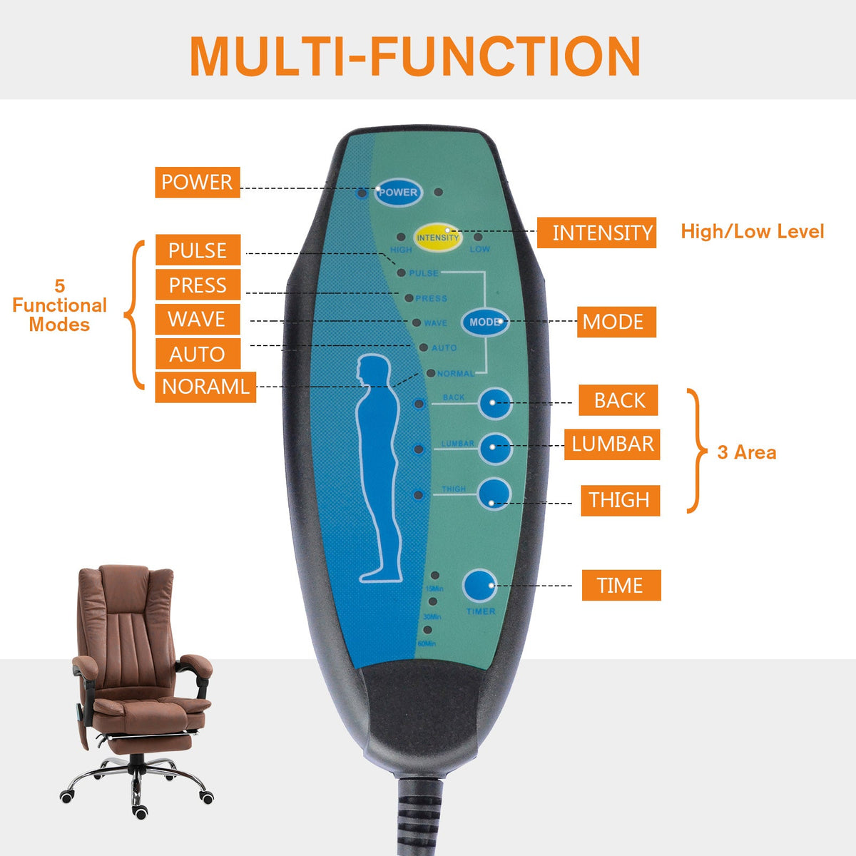 Office Chair 6-point Vibration Massage Chair Micro Fiber Recliner with Retractable Footrest Black