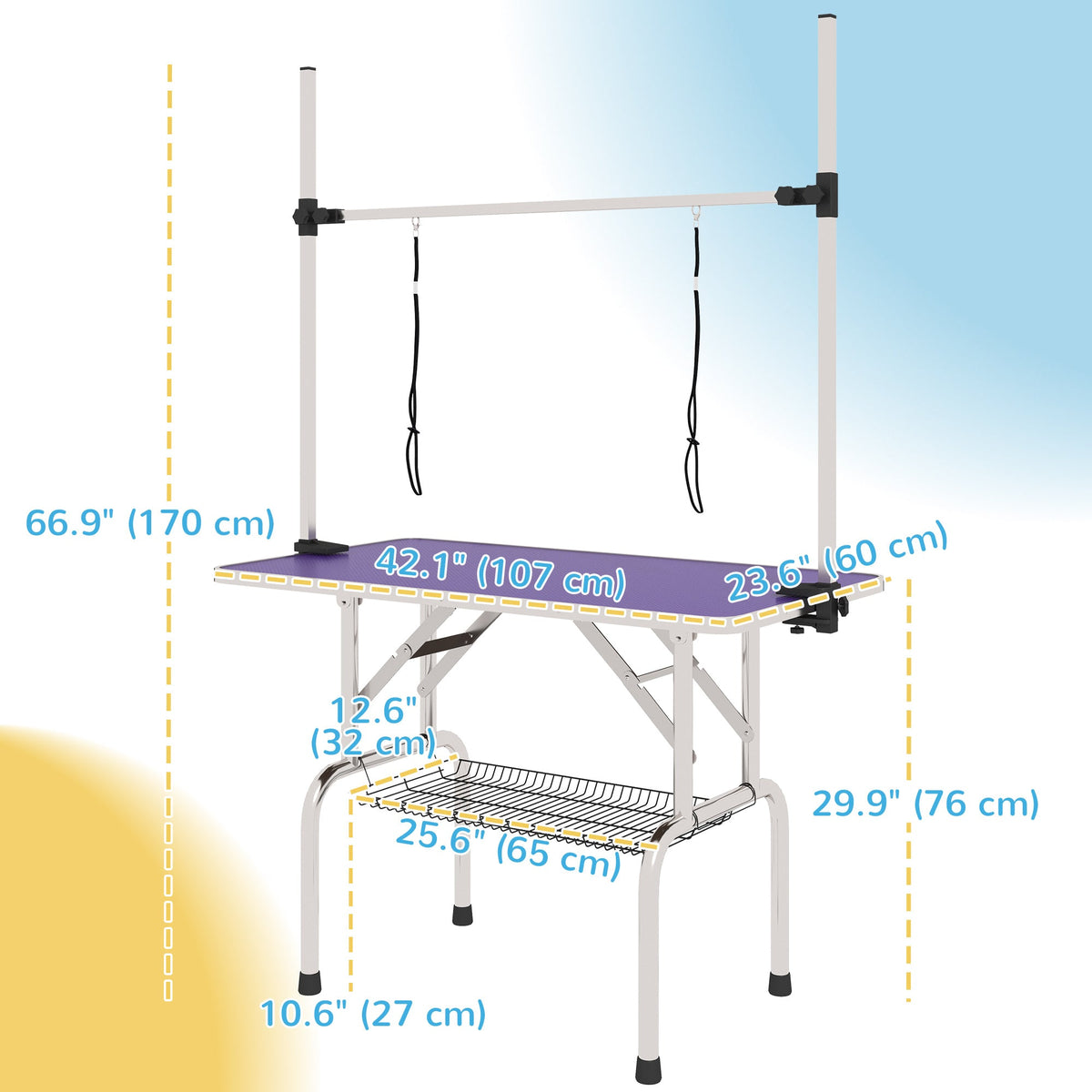 Adjustable Dog Grooming Table with 2 Safety Slings, Storage Basket, Black