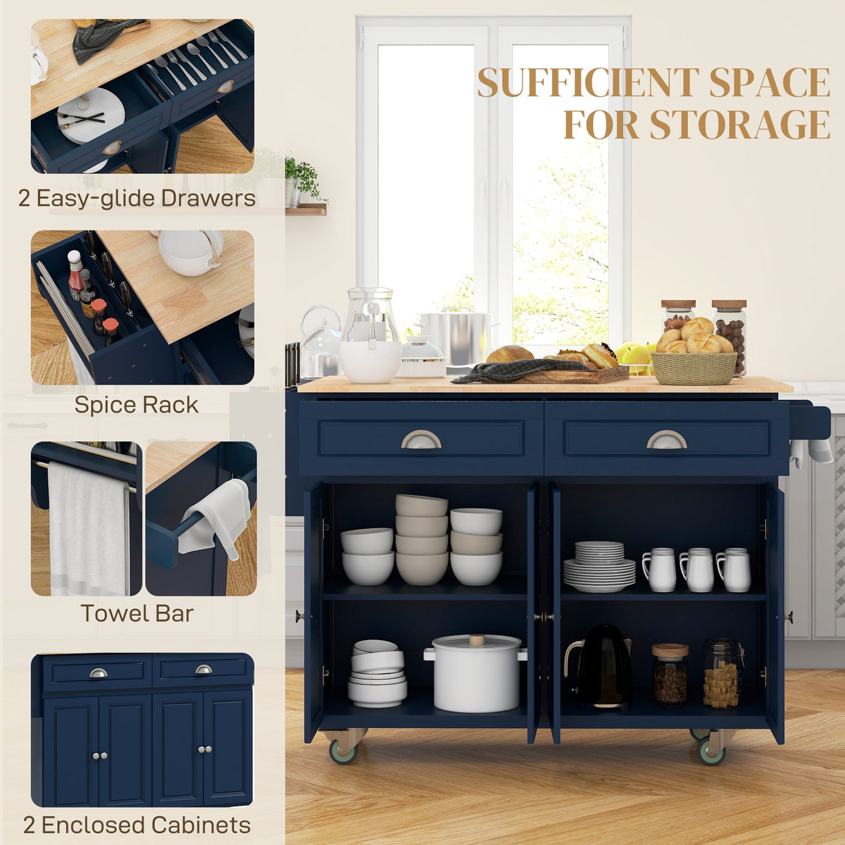 Kitchen Island with Storage, Rolling Kitchen Island with Drop Leaf, Rubber Wood Top and Adjustable Shelves, Navy Blue