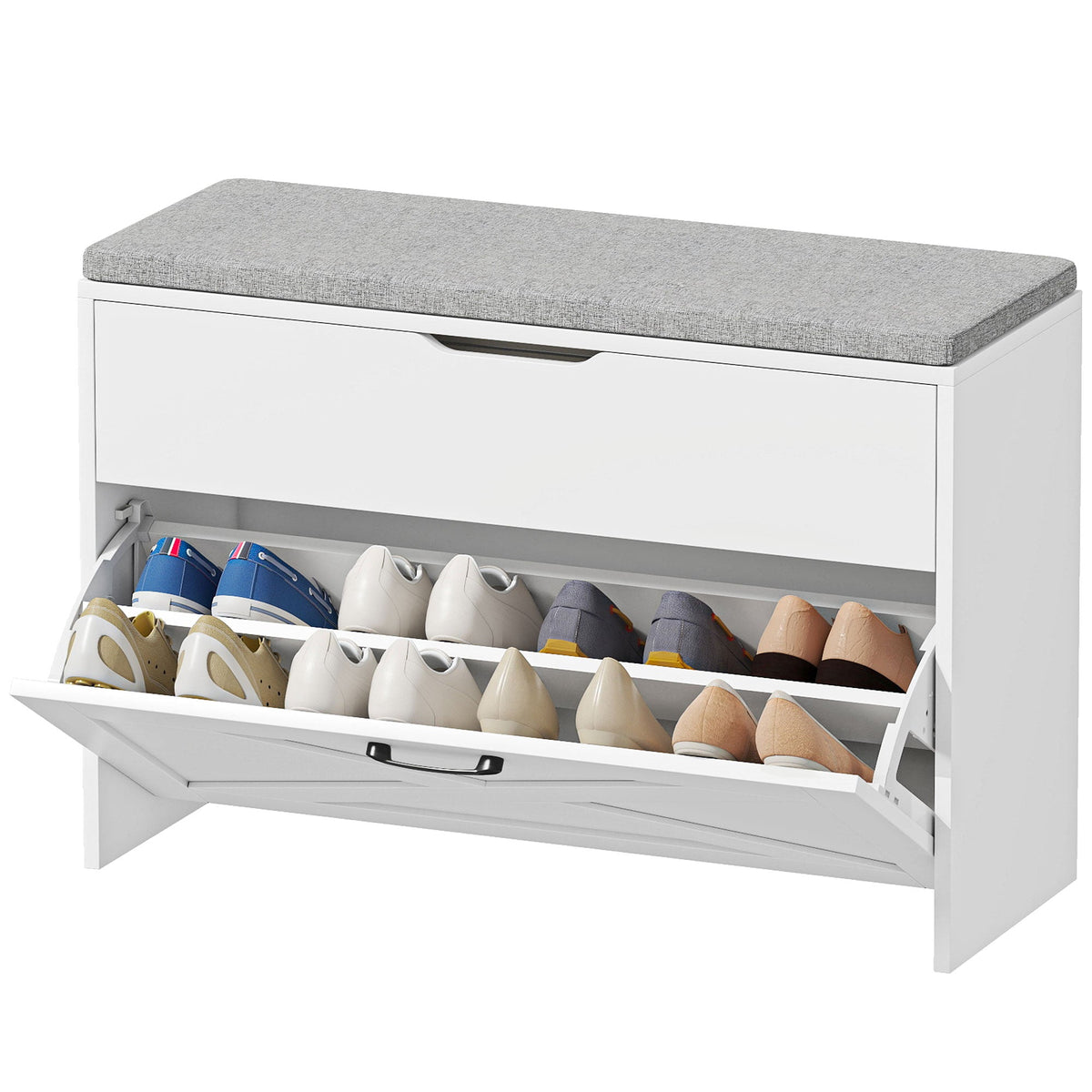 Shoe Storage Bench with Flip Drawer and Lift Top Storage, Entryway Bench with Seat Cushion for Hallway, Black